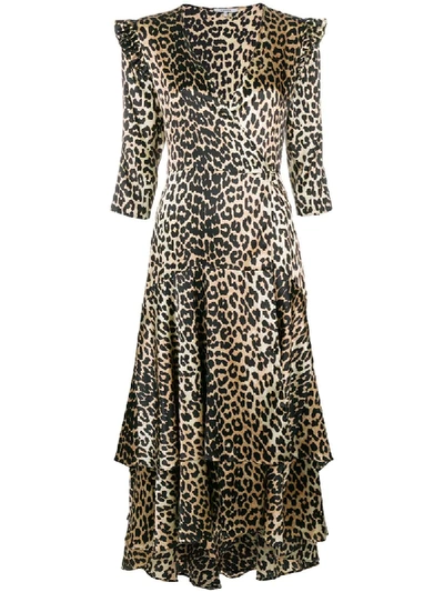 Ganni Leopard Print Wrap Dress In White