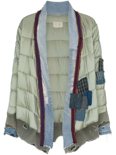 Greg Lauren Patchwork-effect Distressed Quilted-shell And Denim Jacket In Green