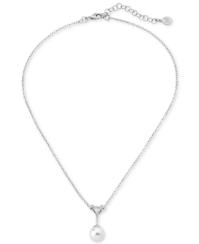 Majorica Sterling Silver Triangle Cubic Zirconia & Imitation Pearl Pendant Necklace, 15" + 2" Extender In White