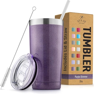 Zulay Kitchen Double Walled Insulated Travel Mug For Hot And Cold Drinks With Lid And Straw In Purple