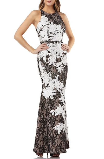 Js Collections Soutache Embroidered Lace Halter Gown In Black/ Ivory