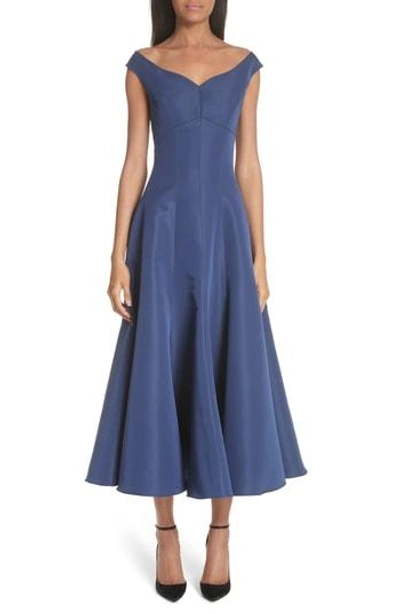 Christian Siriano Off The Shoulder V-neck A-line Silk Cocktail Dress In Navy