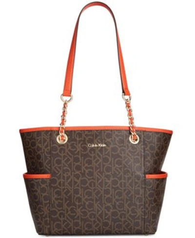 Calvin Klein Hayden Signature Chain Tote In Brown khaki burnt