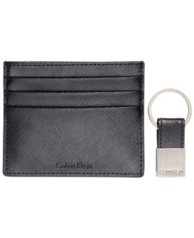 Calvin Klein Saffiano Leather Two-tone Card Case & Key Fob In Black