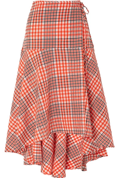 Ganni Charron Checked Cotton-blend Seersucker Wrap Skirt In Red