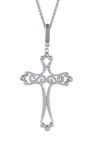 Lafonn Sterling Silver Simulated Diamond Cross Pendant Necklace In Metallic