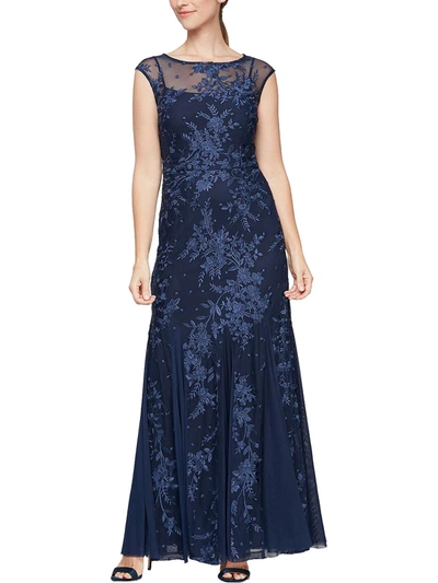 Alex Evenings Womens Embroidered Long Evening Dress In Blue