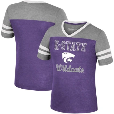 Colosseum Kids' Girls Youth  Purple/heather Gray Kansas State Wildcats Summer Striped V-neck T-shirt In Purple,heather Gray