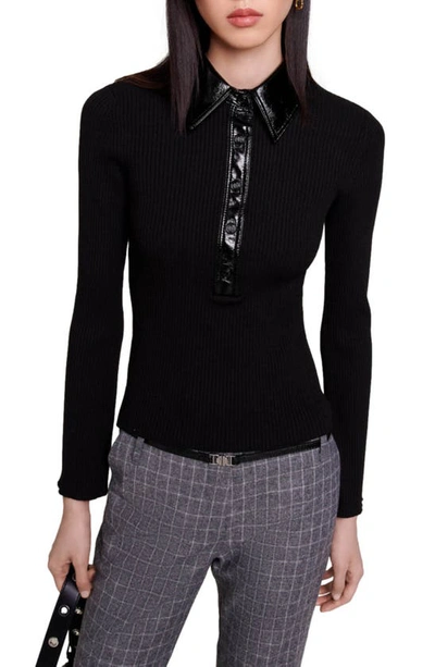 Maje Faux Leather Accent Rib Polo Sweater In Black