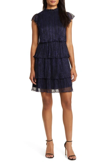 Vince Camuto Crinkle Tiered Metallic Flutter Sleeve Dress In Navy