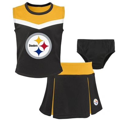 Outerstuff Kids' Girls Preschool Black Pittsburgh Steelers Spirit Cheerleader Two-piece Set With Bloomers