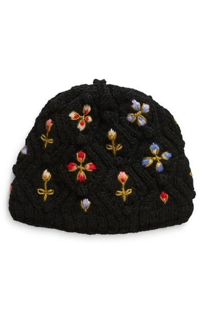 French Knot Tilly Floral Embroidered Wool Knit Hat In Black