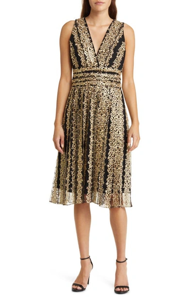Marchesa Notte Metallic Embroidery Cocktail Dress In Black