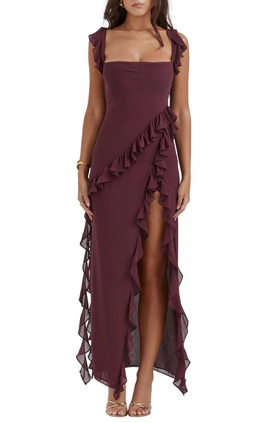 House Of Cb Ariela Ruffle Side Slit Gown In Mulberry