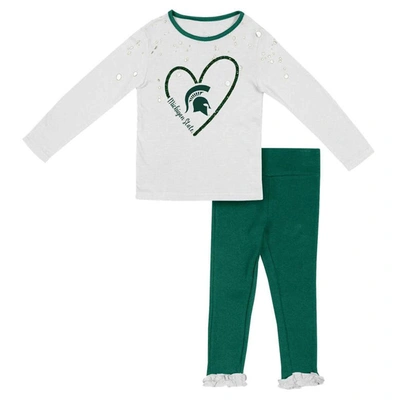 Colosseum Kids' Girls Toddler  White/green Michigan State Spartans Onstage Long Sleeve T-shirt & Leggings S