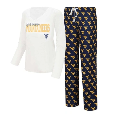 Concepts Sport White/navy West Virginia Mountaineers Long Sleeve V-neck T-shirt & Gauge Pants Sleep In White,navy
