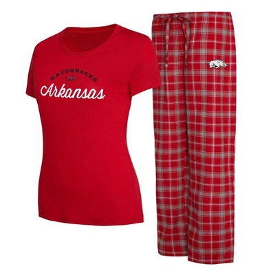 Concepts Sport Women's  Cardinal, Gray Arkansas Razorbacks Arctic T-shirt And Flannel Pants Sleep Set In Cardinal,gray