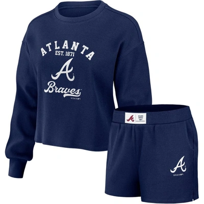 Wear By Erin Andrews Women's  Navy Distressed Atlanta Braves Waffle Knit Long Sleeve T-shirt And Shor