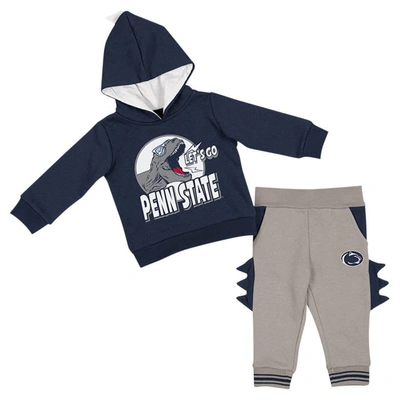 Colosseum Babies' Infant Boys And Girls  Navy, Gray Penn State Nittany Lions Dino Pullover Hoodie And Pants S In Navy,gray