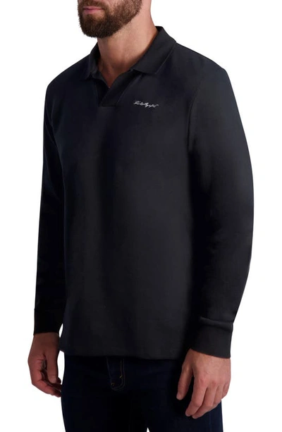 Karl Lagerfeld Logo Embroidered Long Sleeve Johnny Collar Polo In Black