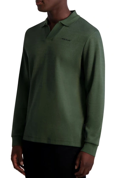 Karl Lagerfeld Logo Embroidered Long Sleeve Johnny Collar Polo In Olive