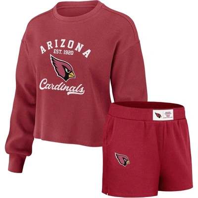 Wear By Erin Andrews Cardinal Arizona Cardinals Waffle Knit Long Sleeve T-shirt & Shorts Lounge Set