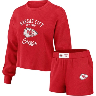 Wear By Erin Andrews Women's  Red Distressed Kansas City Chiefs Waffle Knit Long Sleeve T-shirt And S In Crimson