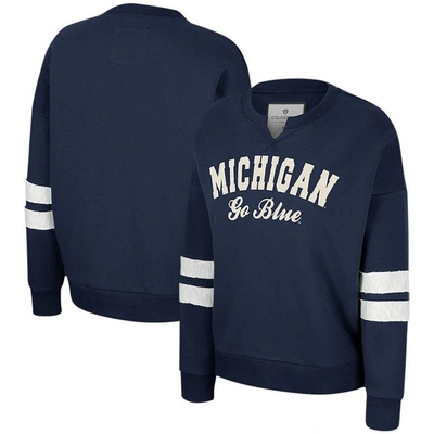 Colosseum Women's  Navy Distressed Michigan Wolverines Perfect Date Notch Neck Pullover Sweatshirt