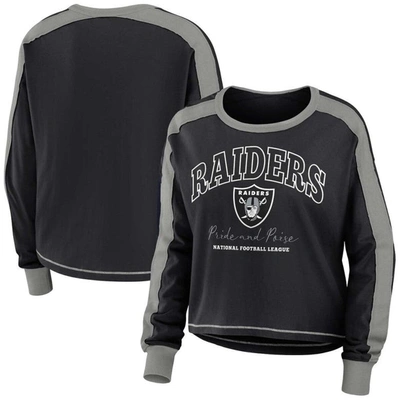 Wear By Erin Andrews Women's  Black, Silver Las Vegas Raiders Color Block Modest Crop Long Sleeve T-s In Black,silver