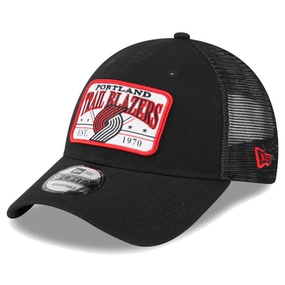 New Era Black Portland Trail Blazers Plate Oversized Patch Trucker 9forty Adjustable Hat