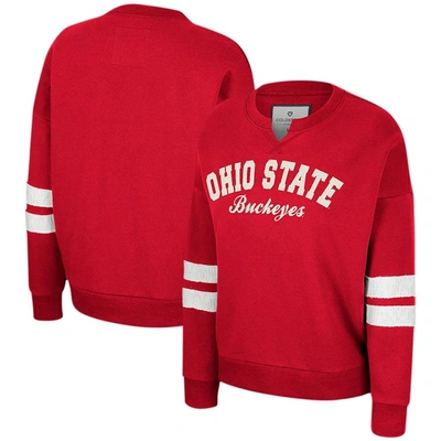 Colosseum Women's  Scarlet Distressed Ohio State Buckeyes Perfect Date Notch Neck Pullover Sweatshirt
