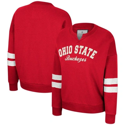 Colosseum Women's  Scarlet Distressed Ohio State Buckeyes Perfect Date Notch Neck Pullover Sweatshirt In Crimson