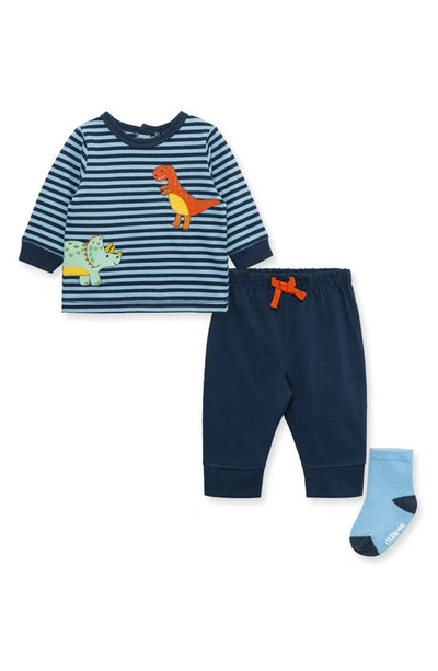Little Me Babies'  Dino Fun Stripe Long Sleeve T-shirt, Pants & Socks Set In Blue