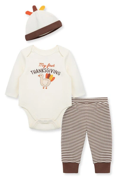 Little Me Babies'  Turkey Bodysuit, Stripe Leggings & Hat Set In Brown