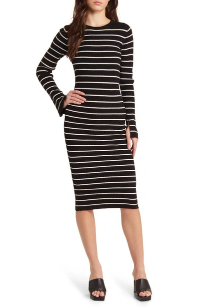 Vero Moda Stripe Long Sleeve Rib Midi Sweater Dress In Black,birch Stripe