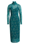 Afrm Shailene Floral Turtleneck Long Sleeve Mesh Dress In Spruce Ditsy