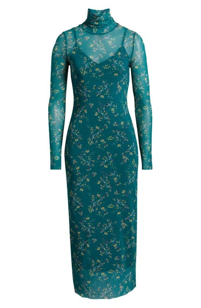 Afrm Shailene Floral Turtleneck Long Sleeve Mesh Dress In Spruce Ditsy