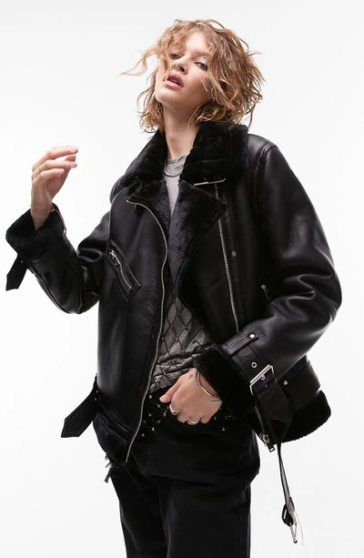 Topshop Faux Leather Aviator Jacket With Faux Shearling Trim In Black