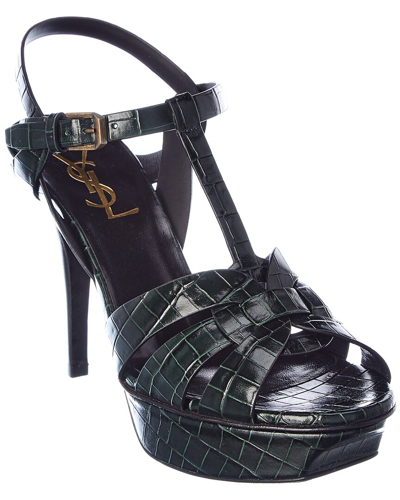 Saint Laurent Tribute 75 Croc-embossed Leather Platform Sandal In Green