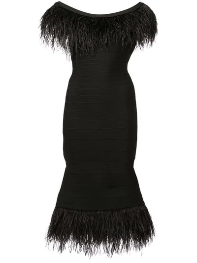 Herve Leger Off-the-shoulder Ostrich-feather Bandage Cocktail Dress In Black