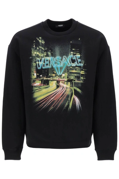 Versace Crew-neck Sweatshirt With City Lights Print In Black Print (black)