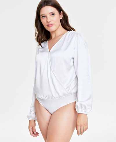 On 34th Plus Size Satin Surplice-neck Bodysuit, Created For Macy's In Washed White