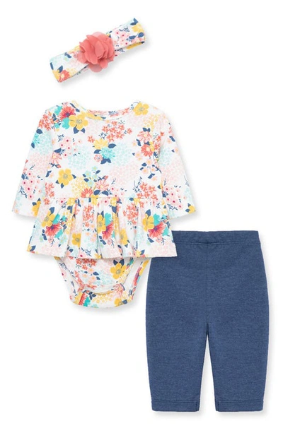 Little Me Babies' Floral Mix Bodysuit, Leggings & Headband Set In Blue