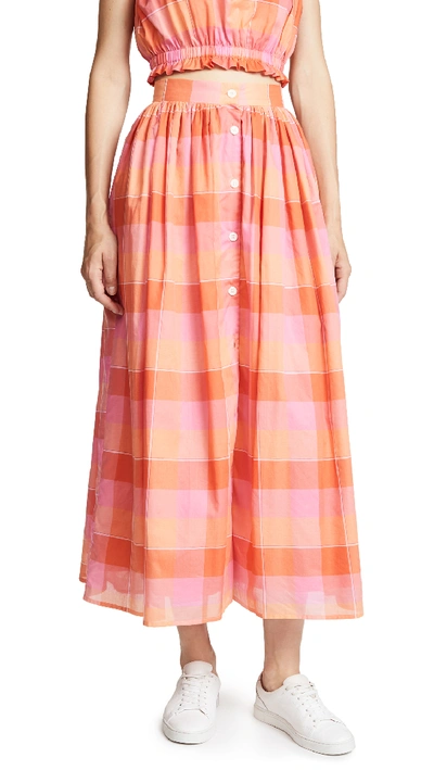 Mds Stripes Button Front Skirt In Orange Plaid