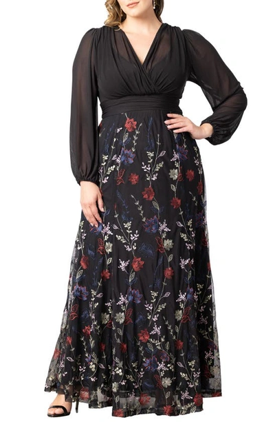 Kiyonna Isabella Embroidered Long Sleeve Gown In Enchanted Garden