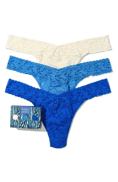 Hanky Panky Assorted 3-pack Original Rise Thongs In Ivory/ Forget Me Not/ Sapphire
