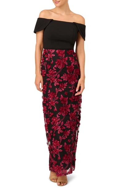 Adrianna Papell Embroidered Off The Shoulder Crepe Column Gown In Black Red
