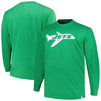 Profile Men's  Heather Kelly Green Distressed New York Jets Big And Tall Throwback Long Sleeve T-shir