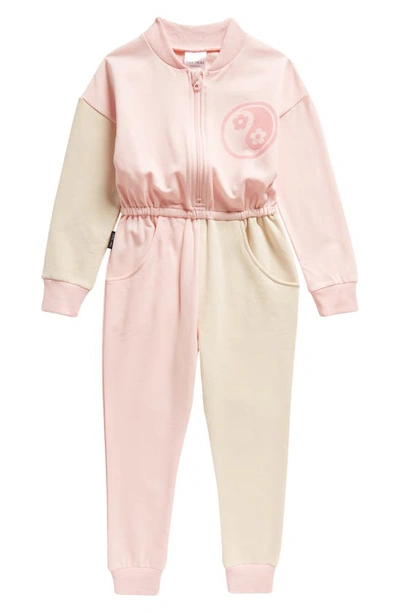Tiny Tribe Kids' Yin & Yang Colourblock Cotton Fleece Jumpsuit In Light Pink Multi