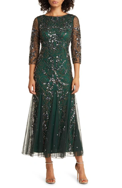 Pisarro Nights Illusion Sleeve Beaded A-line Gown In Hunter 346